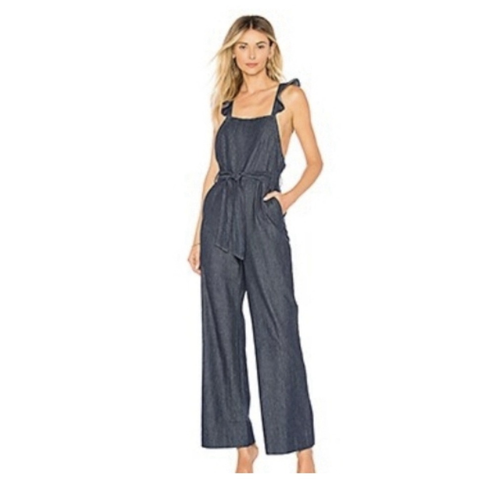 JOIE Women's Alvina B Denim Jumpsuit Size 00 in Atlantic Ruffle Wide Leg Cruise
